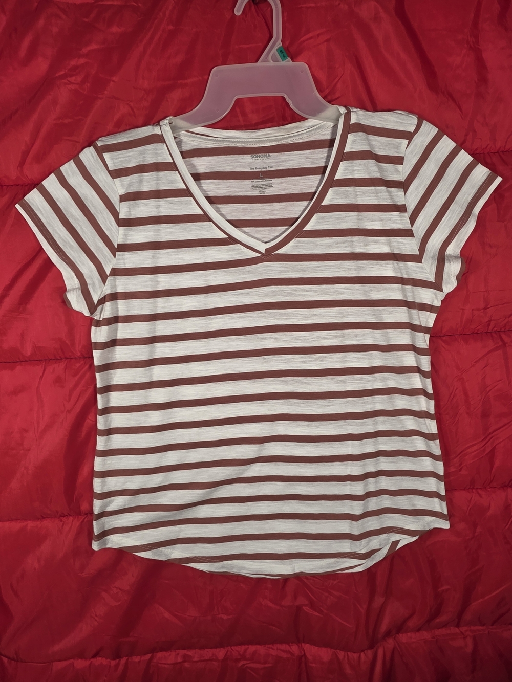 Women's V-Neck Short Sleeve Stripe Tee in White and Rust